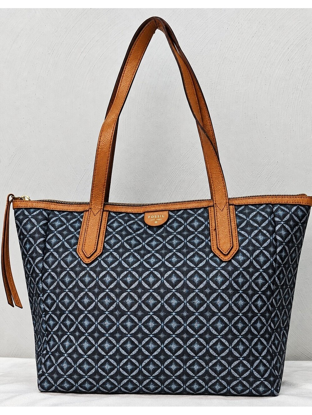 Fossil Blue Geometric Coated Canvas Leather Large Zip Tote Shoulder Bag